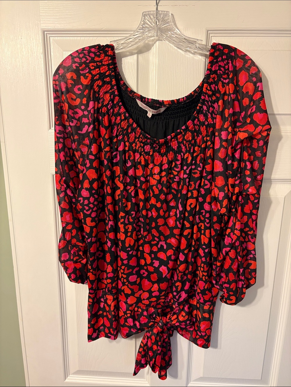 Smocked-Neck Tie-Hem Blouse in Red, black and Pink Leopard Print